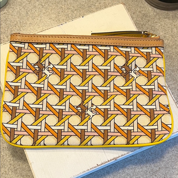 Tory Burch Brown and Yellow Clutch Floral and Basketweave Patterns